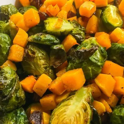 image of completed dish for Roasted Brussels Sprouts and Butternut Squash With Medjool Dates